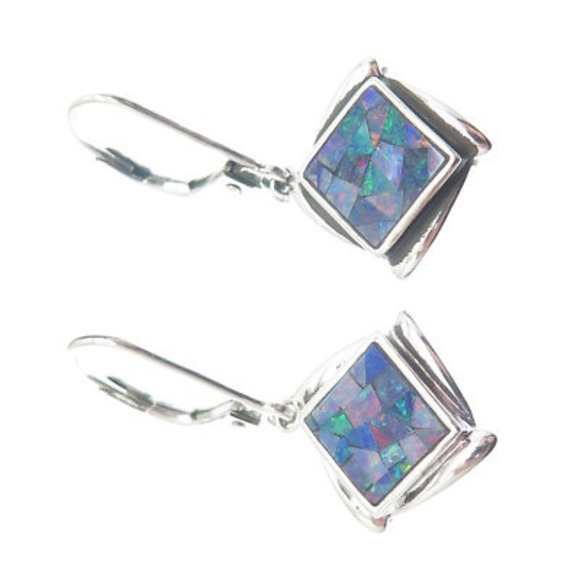 MICHELLE ALBALA 925 Sterling Silver Vintage Real Opal Gem Inlay Dangle Earrings - Picture 5 of 7